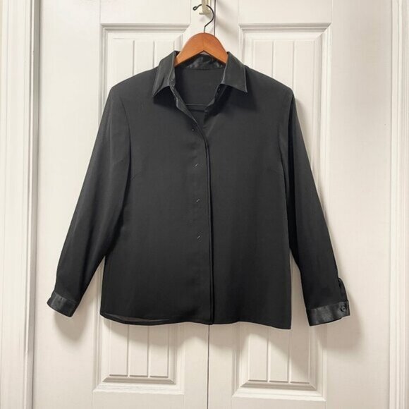 Vintage Satin Trim Hidden Button Blouse Black - Picture 1 of 15